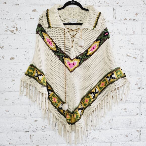 VTG Flamingo Womens Knit Poncho Aztec Fringe Sweater BOHO Indie Cape Free Size - Picture 1 of 8